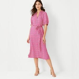 Ann Taylor Small Tall Pink White Gingham Belted Shirtdress